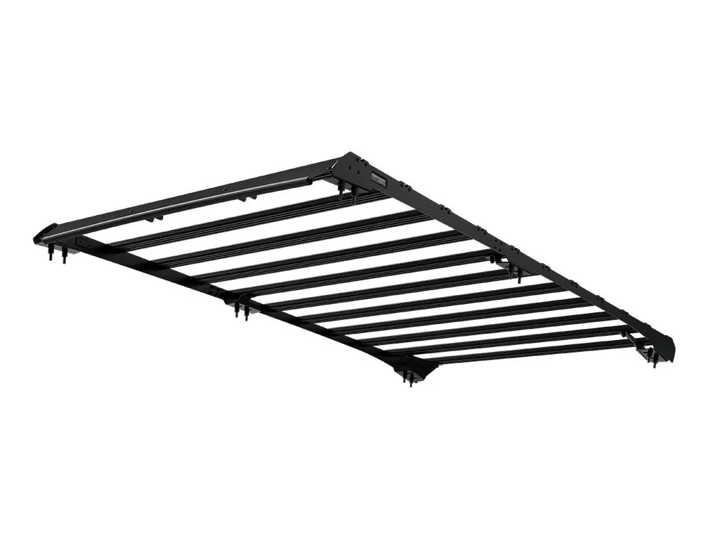 Front Runner Toyota Land Cruiser FJ (2026-Current) Slimsport Roof Rack Kit – Wolf Customs | 4x4 Accessories and Fitment Black metal roof rack frame with crossbars for mounting cargo on a car surface in a diagonal view