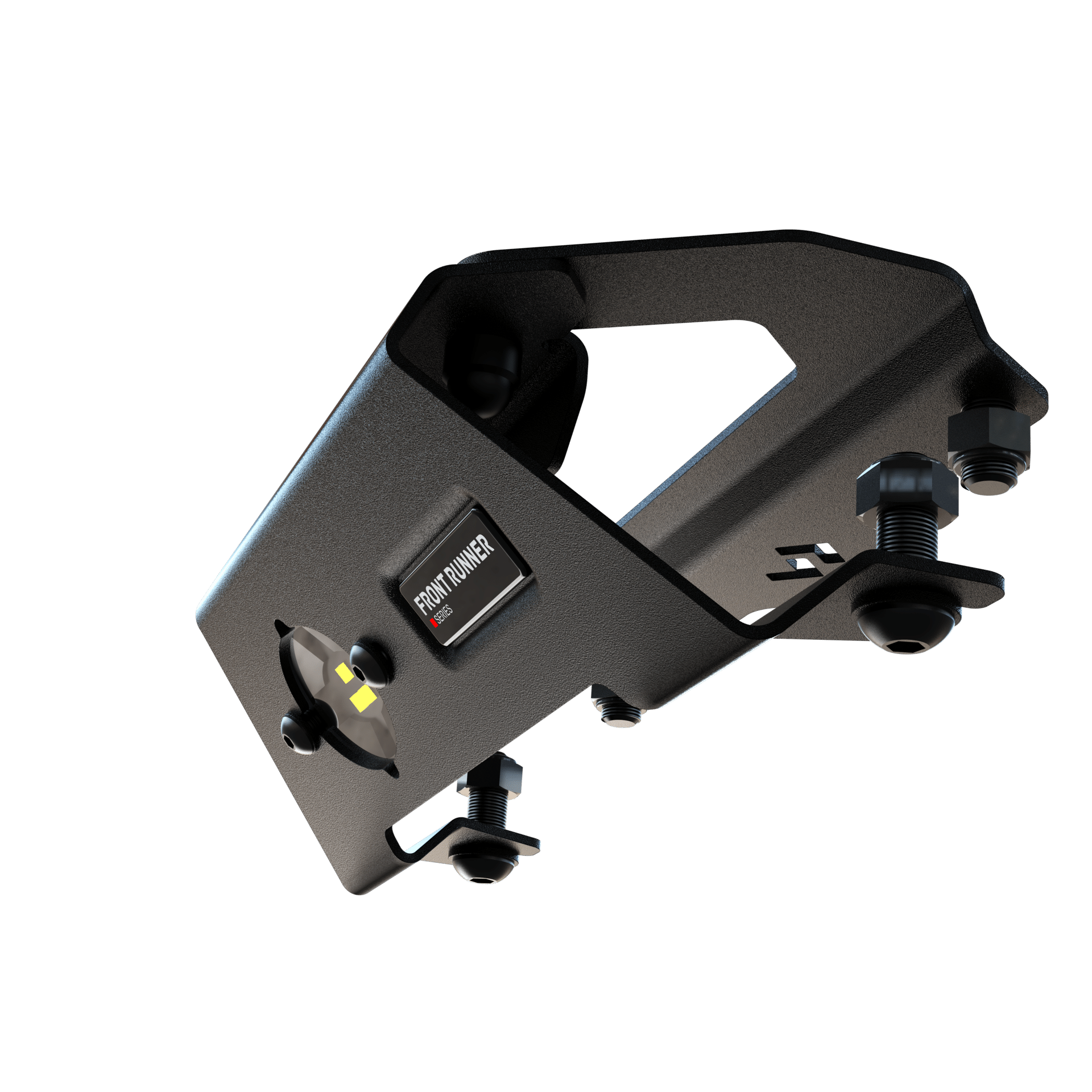 Front Runner Series Slimline 3 Grab Handle / Light – Wolf Customs | 4x4 Accessories and Fitment Close-up of a black textured metal mounting plate with bolts and a Front Runner label, likely part of a rack system.