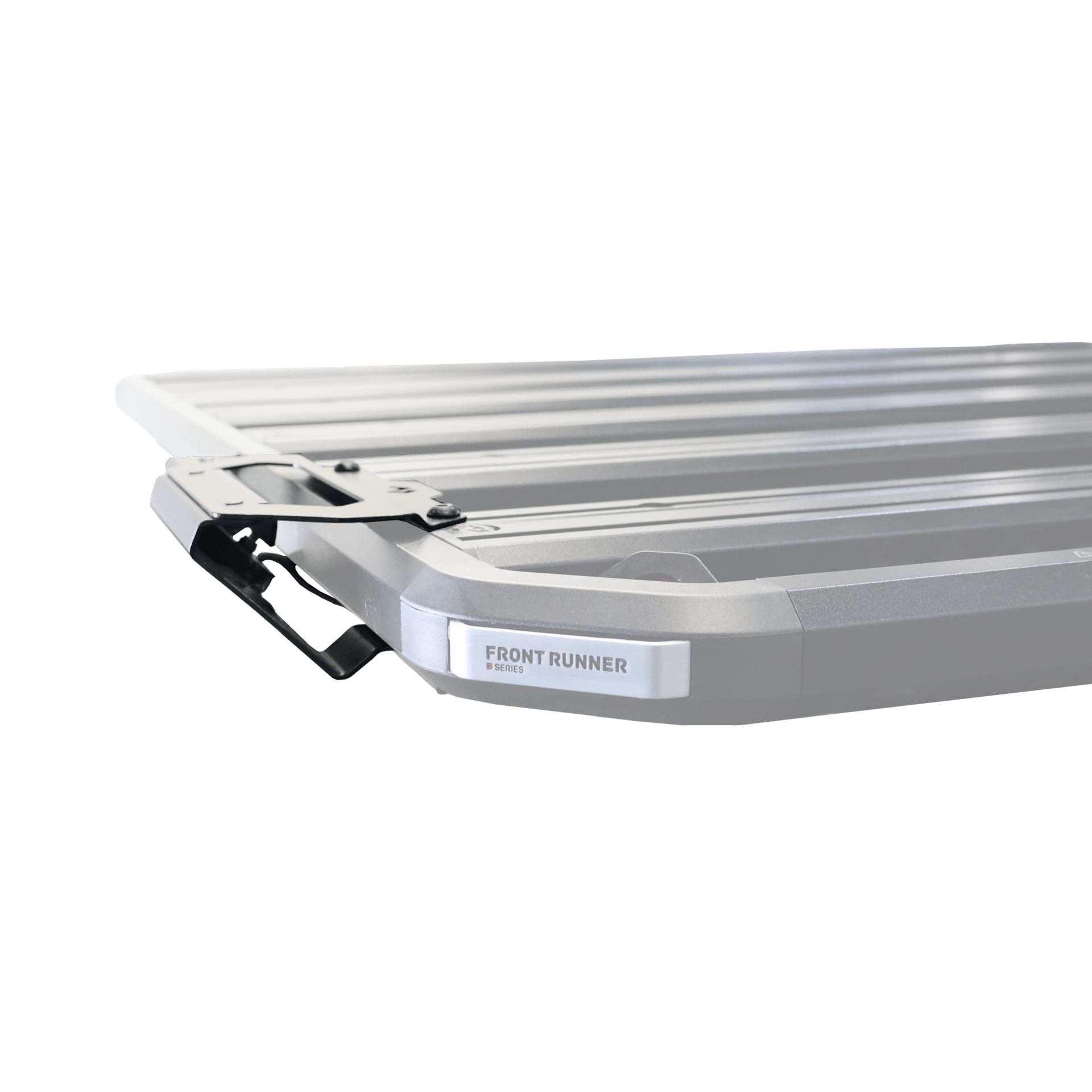 Front Runner Series Slimline 3 Grab Handle / Light – Wolf Customs | 4x4 Accessories and Fitment Close-up of a treadmill deck with metal slats and a 'Front Runner Series' label on the side surface.