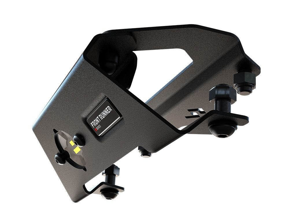 Front Runner Series Slimline 3 Grab Handle / Light – Wolf Customs | 4x4 Accessories and Fitment Black metal mounting bracket with clamp bolts and a Front Runner label for attaching accessories to a rail system